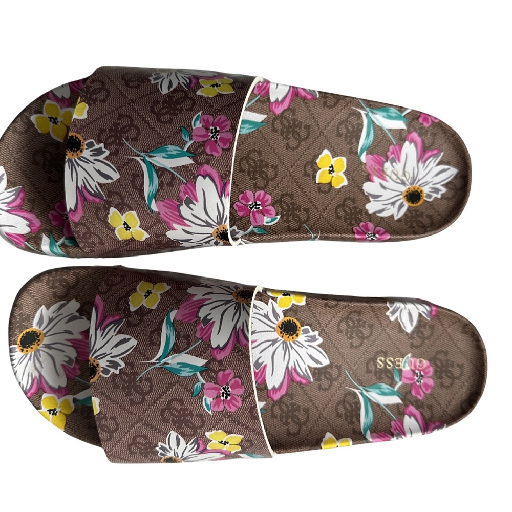 Guess Floral Brown Slide Sandals with Pink Yellow and White Flowers
